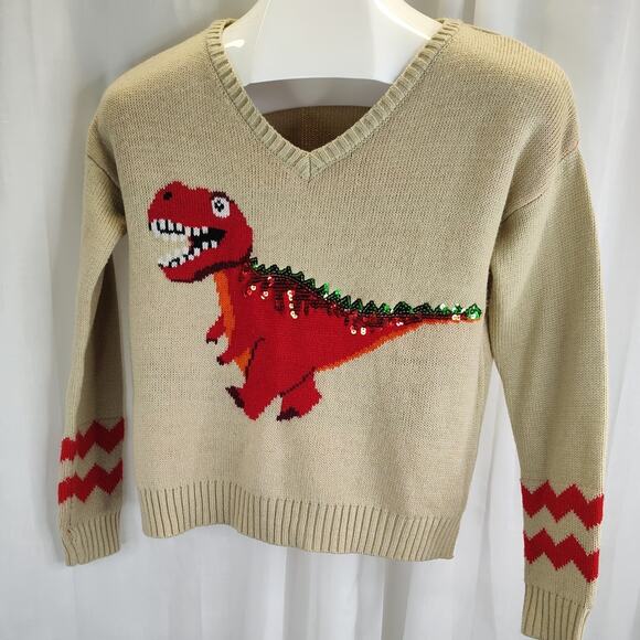 Almost Famous Tan V-Neck T-Rex Seather with Sequins, XS - Picture 1 of 7